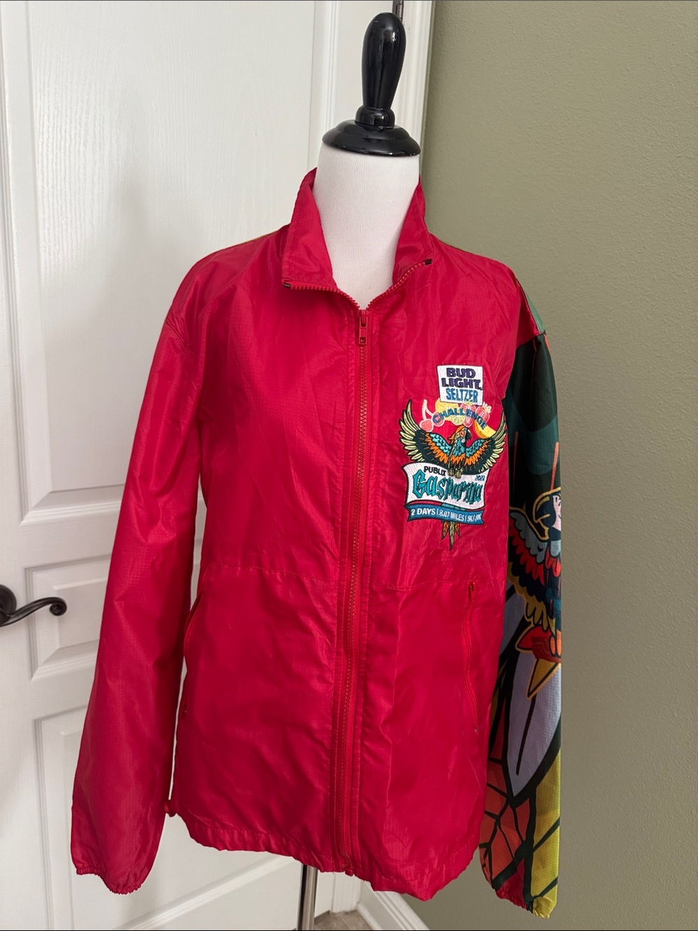Red Graphic Windbreaker Jacket with Patch Detail